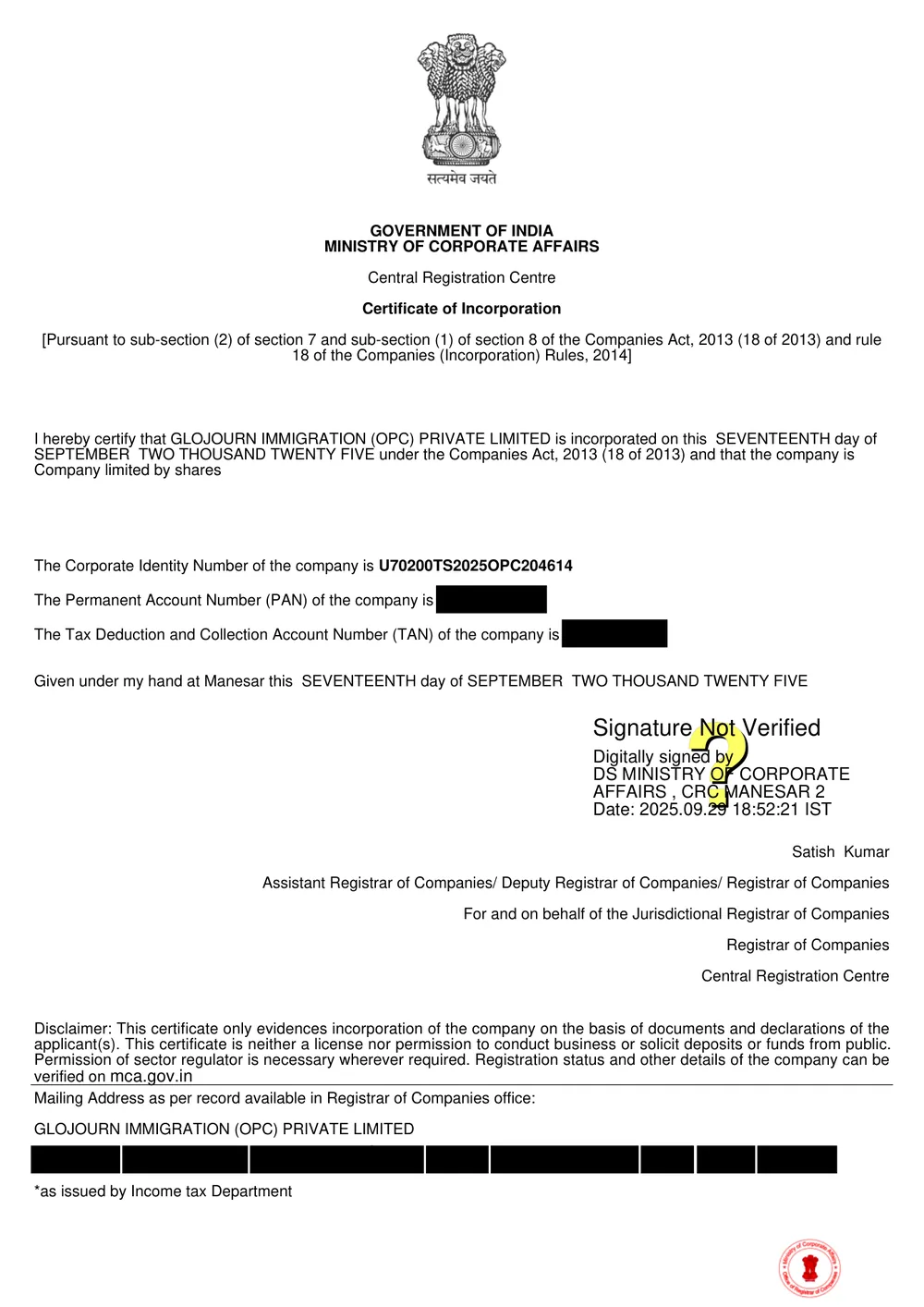 Glojourn Immigration Certificate of Incorporation