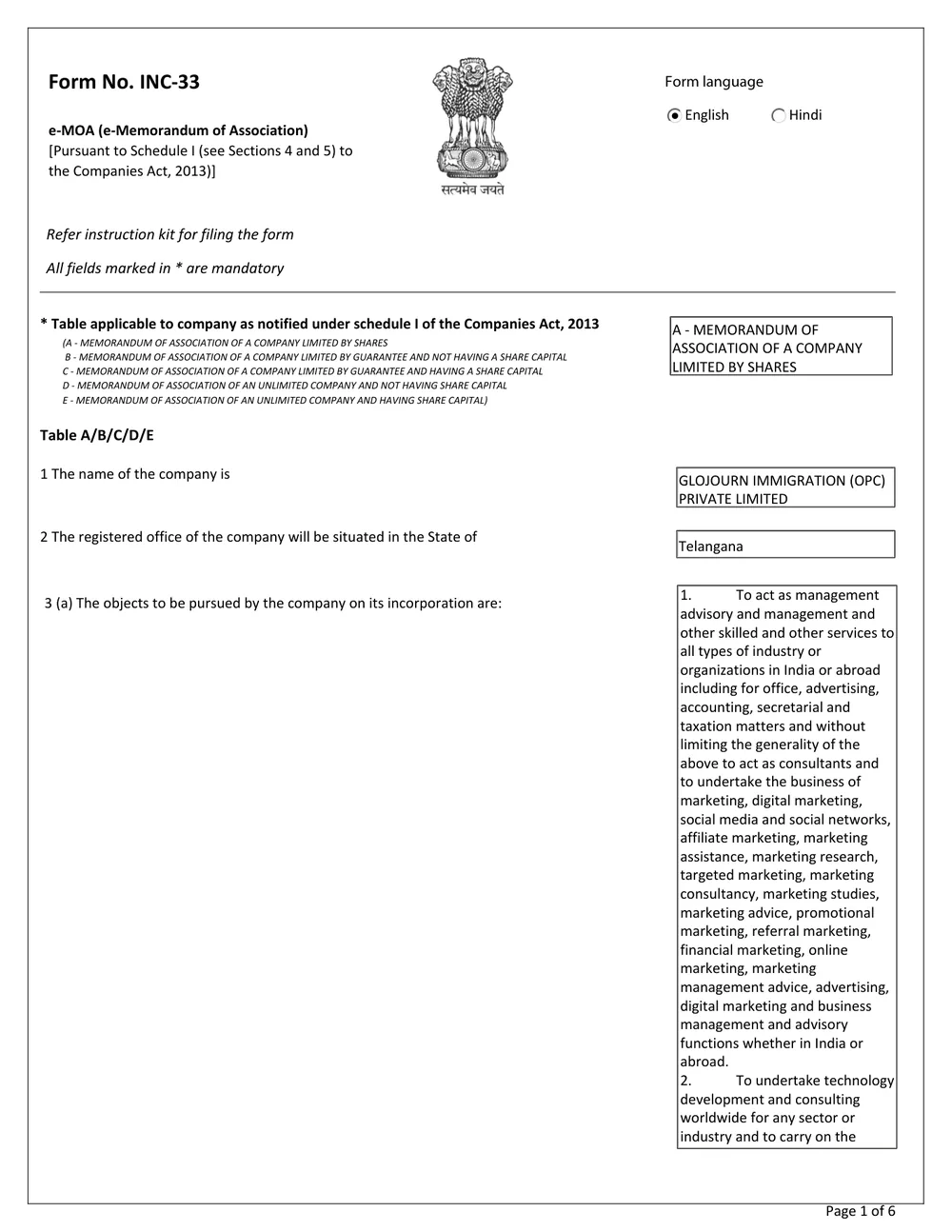 Glojourn Immigration Memorandum of Association