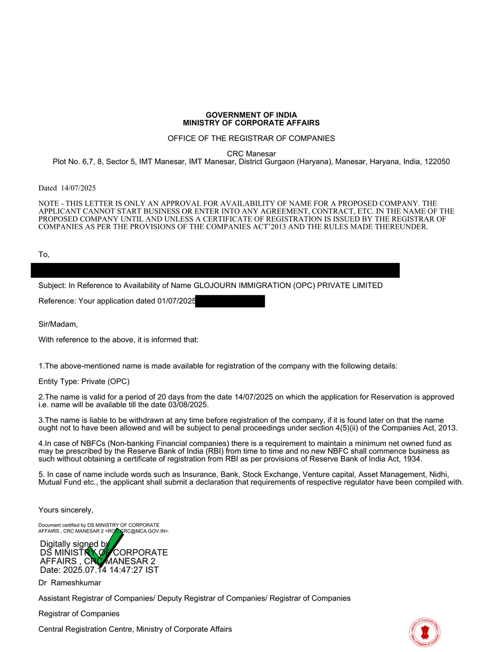 Glojourn Immigration MCA name approval letter